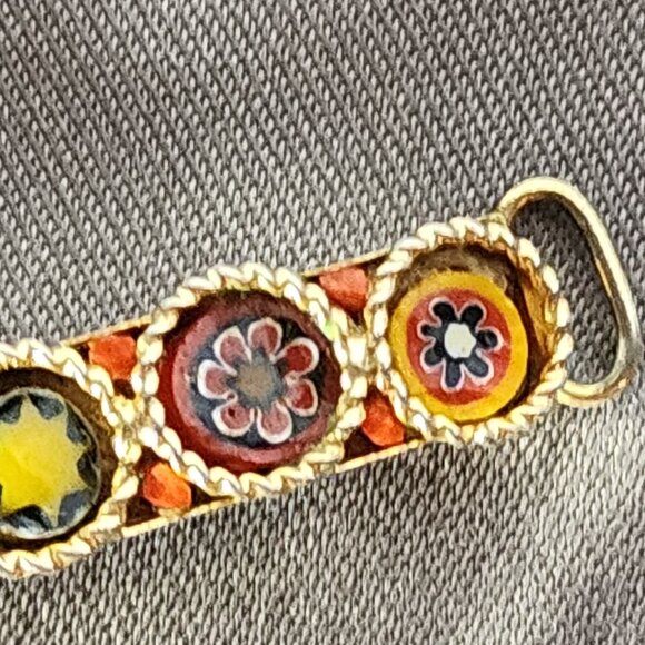 Unsigned Vintage Gold Tone Italian Micro Mosaic Five Link Hinged Floral Bracelet - Picture 6 of 16